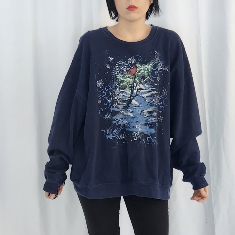 00s Blue Winter Scene Cardinal Crew Neck Sweatshirt‎